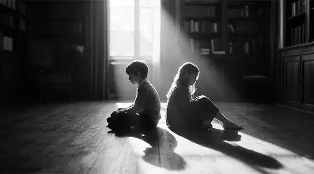 κή ασπρόμαυρη φωτογραφία δύο παιδιών που κάθονται με πλάτη, χωρισμένα από μια ακτίνα φωτός, συμβολίζοντας την αρχή της αδελφικής αντιζηλίας