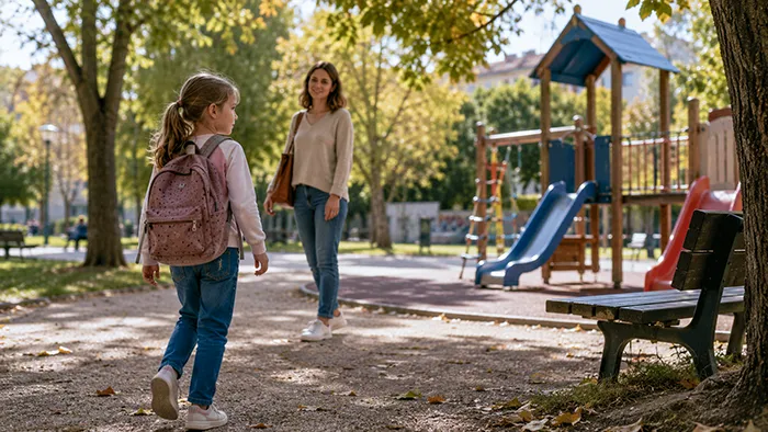 Κορίτσι απομακρύνεται προς την παιδική χαρά ενώ η μητέρα το παρακολουθεί