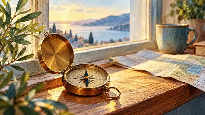 Μπρούντζινη πυξίδα ανοιχτή πάνω σε ξύλινο περβάζι, με τη βελόνα σταθερή, σε απαλό πρωινό φως