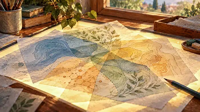 Διαφανή φύλλα με διαφορετικές γραμμές που επικαλύπτονται και σχηματίζουν μία συνολική εικόνα