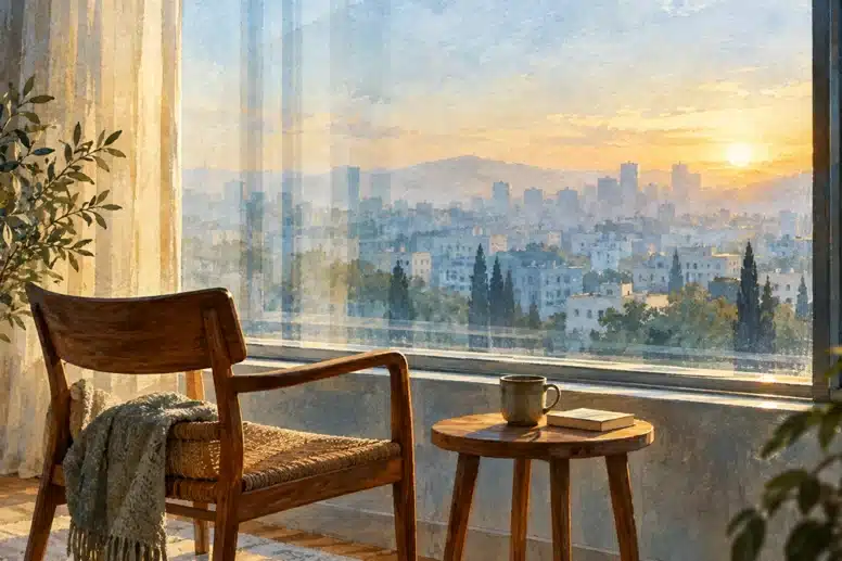 Παράθυρο με δύο ελαφρώς μετατοπισμένα τζάμια, μέσα από τα οποία η πόλη φαίνεται διπλή, σε ήρεμο πρωινό φως