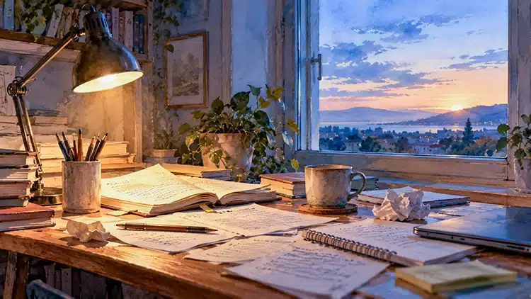 Γραφείο με σκορπισμένες σημειώσεις και αναμμένη λάμπα την ώρα που χαράζει