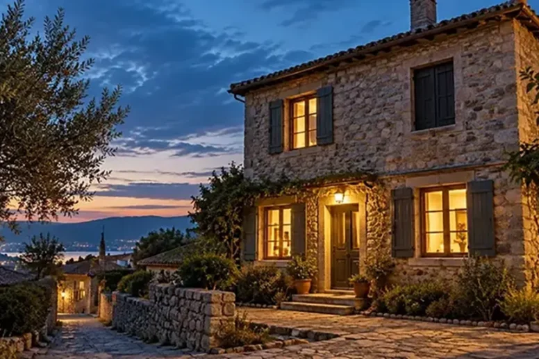 Πέτρινο σπίτι το σούρουπο με φωτισμένα παράθυρα και ένα σκοτεινό παράθυρο στον επάνω όροφο, σε πλακόστρωτο δρομάκ