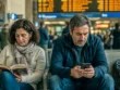 Ζευγάρι σε σταθμό, με τον άνδρα απορροφημένο στο κινητό του ενώ η γυναίκα διαβάζει