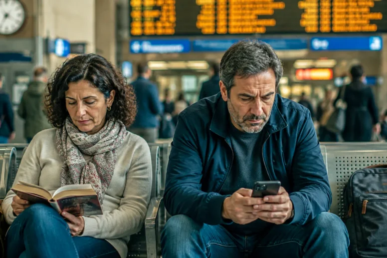 Ζευγάρι σε σταθμό, με τον άνδρα απορροφημένο στο κινητό του ενώ η γυναίκα διαβάζει