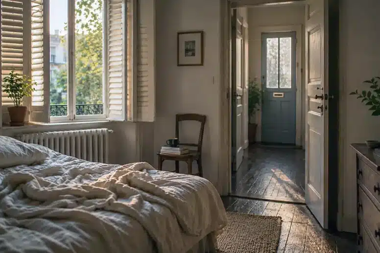 Ακατάστατο κρεβάτι σε φωτεινό υπνοδωμάτιο με ανοιχτά παντζούρια και ανοιχτή πόρτα, συμβολίζοντας τα μικρά βήματα απέναντι στην κατάθλιψη.