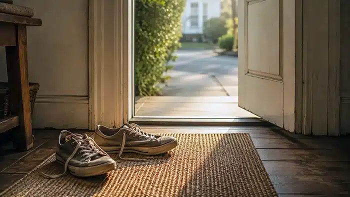 Φθαρμένα αθλητικά παπούτσια δίπλα σε μισάνοιχτη εξώπορτα με πρωινό φυσικό φως, συμβολίζοντας το πρώτο μικρό βήμα απέναντι στην κατάθλιψη.