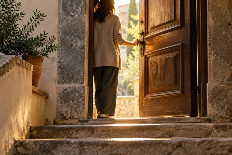 Γυναίκα από πίσω στο κατώφλι μιας ανοιχτής ξύλινης πόρτας σε πέτρινη σκάλα, με το φως του ήλιου να μπαίνει από έξω