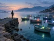 Άνθρωπος στέκεται σε πέτρινο μώλο και κοιτάζει ένα ήρεμο λιμάνι με βάρκες που φέρουν φανάρια διαφορετικών χρωμάτων την ώρα του λυκόφωτος