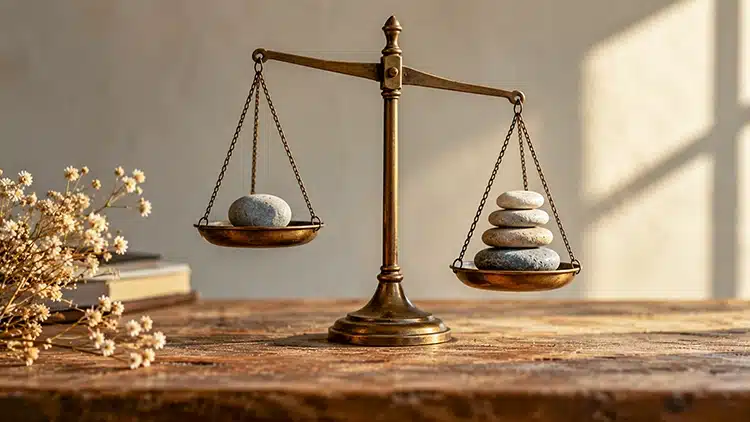 Ζυγαριά με διαφορετικά βάρη που συμβολίζει την ανάγκη για επιβεβαίωση