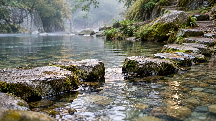 Πέτρες διάβασης σε ομιχλώδες ποτάμι με ένα κενό ανάμεσά τους, εικόνα της κατανόησης που δεν έχει ακόμη γίνει αλλαγή.
