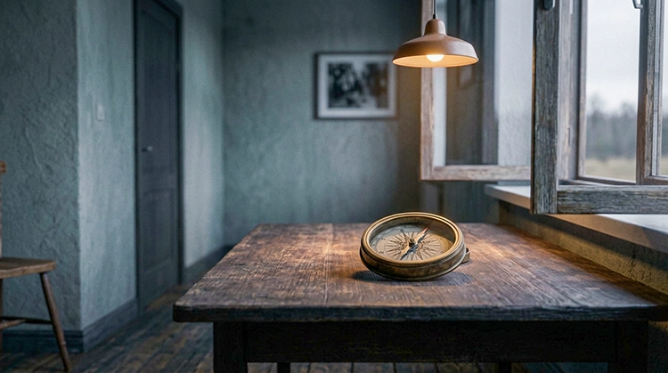 Ορειχάλκινη πυξίδα σε ξύλινο τραπέζι δίπλα σε ανοιχτό παράθυρο