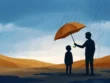 Σύνδρομο Καλού Σαμαρείτη: άνθρωπος που προστατεύει έναν άλλον με ομπρέλα ενώ ο ίδιος βρέχεται
