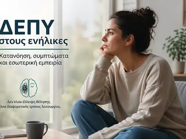 Ενήλικας σε ήσυχη στιγμή σκέψης, κοντά σε παράθυρο, που αποτυπώνει την εσωτερική εμπειρία της ΔΕΠΥ