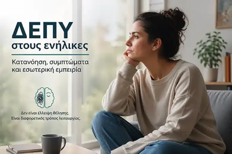 Ενήλικας σε ήσυχη στιγμή σκέψης, κοντά σε παράθυρο, που αποτυπώνει την εσωτερική εμπειρία της ΔΕΠΥ