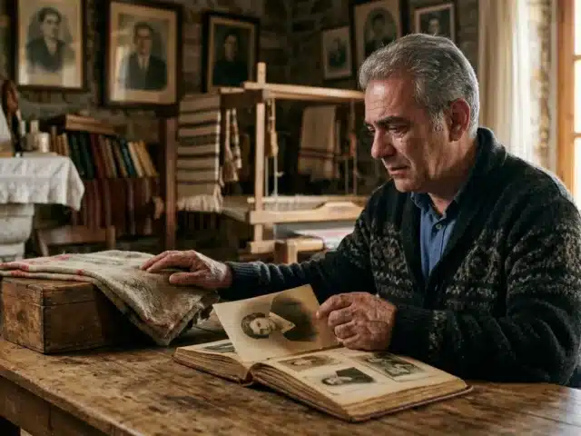 Ηλικιωμένος άνδρας σε παραδοσιακό σπίτι κοιτάζει παλιό φωτογραφικό άλμπουμ, συμβολίζοντας την αναζήτηση της διαγενεακής μεταβίβασης τραύματος στην οικογενειακή ιστορία.