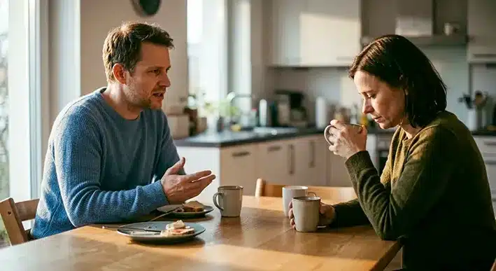 Ζευγάρι σε τραπέζι κουζίνας με ασύμμετρη σύνθεση, όπου ο ένας αποφεύγει το βλέμμα, συμβολίζοντας την επανάληψη των οικογενειακών ρόλων στις σχέσεις