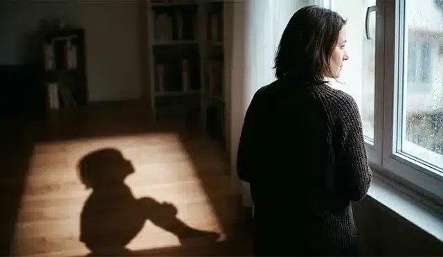 Ενήλικας σε στοχαστική στάση μπροστά σε παράθυρο με βροχή, όπου η σκιά του έχει μορφή παιδιού, συμβολίζοντας τους οικογενειακούς ρόλους