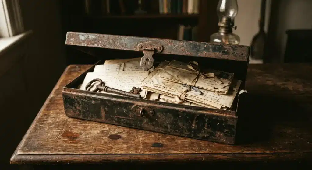 Ρεαλιστική κοντινή φωτογραφία παλιάς μεταλλικής κασετίνας με κιτρινισμένα έγγραφα, που συμβολίζει τα άρρητα οικογενειακά τραύματα.