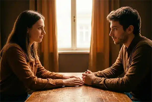 Συμβολική αναπαράσταση δύο νεαρών ενηλίκων σε ψυχοθεραπεία, λουσμένη στο φως, η αθέατη δυναμική ανάμεσα σε δύο ψυχισμούς.