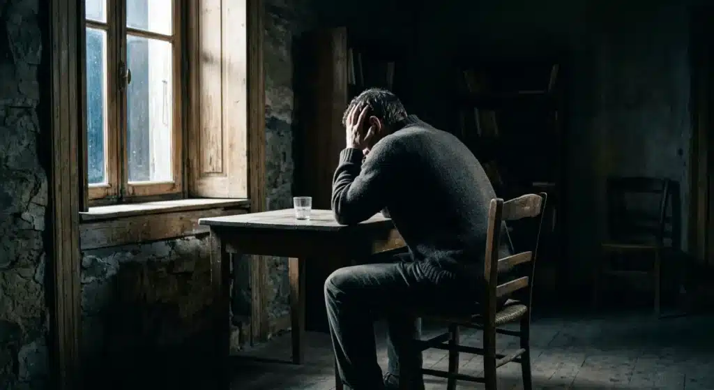 Ρεαλιστική απεικόνιση ενήλικα σε στιγμή εσωτερικής έντασης, συμβολίζοντας πώς το σώμα φέρει το αποτύπωμα προγονικών βιωμάτων