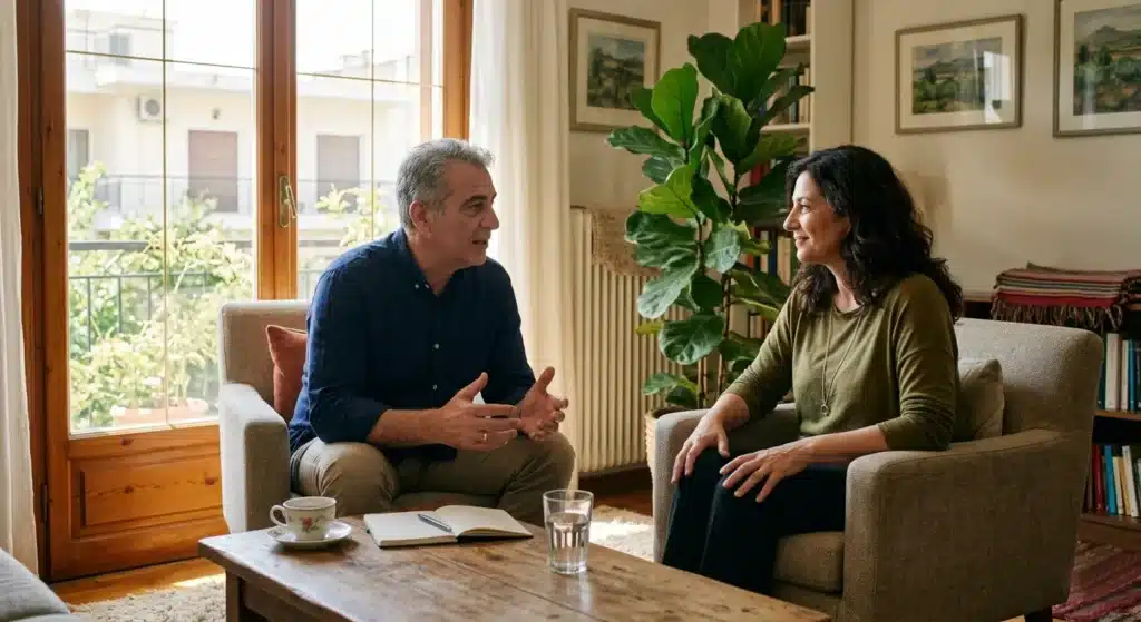 Ρεαλιστική φωτογραφία δύο ανθρώπων σε θεραπευτική συνθήκη, που συμβολίζει την επούλωση και τη διακοπή της μεταβίβασης του τραύματος