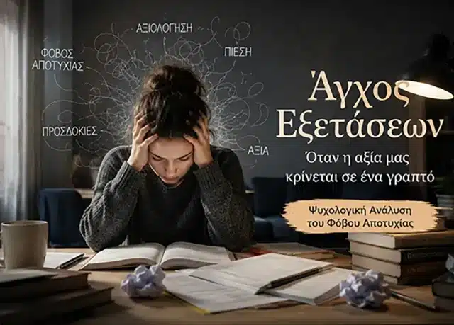Κοπέλα που βιώνει άγχος εξετάσεων ενώ διαβάζει, συμβολική εικόνα για τον φόβο αποτυχίας και την ψυχολογία της αξιολόγησης.