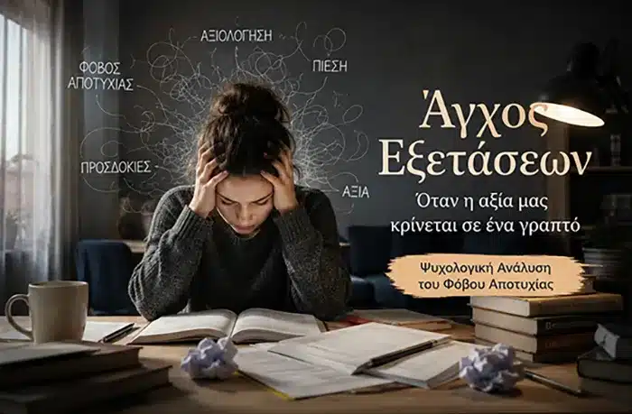 Κοπέλα που βιώνει άγχος εξετάσεων ενώ διαβάζει, συμβολική εικόνα για τον φόβο αποτυχίας και την ψυχολογία της αξιολόγησης.