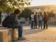 Έφηβος κάθεται μόνος σε σχολικό προαύλιο κοιτώντας μια παρέα συνομηλίκων στο βάθος