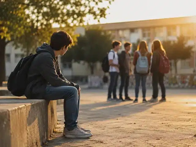 Έφηβος κάθεται μόνος σε σχολικό προαύλιο κοιτώντας μια παρέα συνομηλίκων στο βάθος