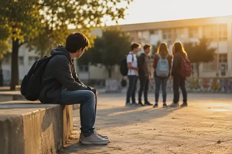Έφηβος κάθεται μόνος σε σχολικό προαύλιο κοιτώντας μια παρέα συνομηλίκων στο βάθος