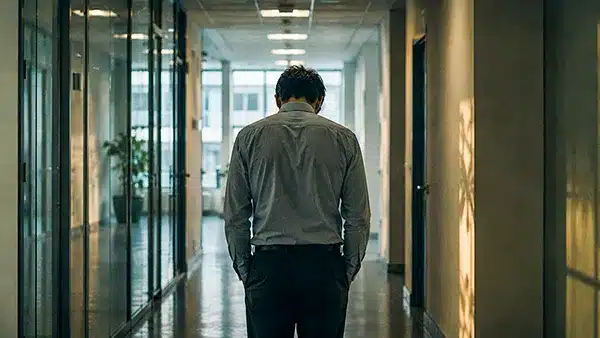Άνθρωπος μόνος σε διάδρομο γραφείου που βιώνει ψυχική κόπωση και εσωτερική πίεση
