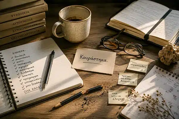 Γραφείο με σημειώσεις, ημερολόγιο και φλιτζάνι καφέ, συμβολίζοντας την ψυχική κόπωση, τη συναισθηματική εξάντληση και την πίεση της καθημερινότητας.