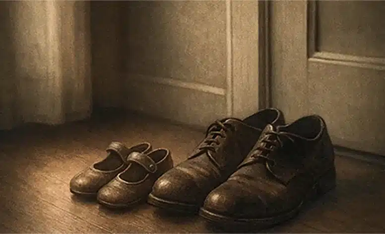 Παπούτσια παιδιού δίπλα σε παπούτσια ενήλικα μπροστά σε πόρτα — το σύνδρομο του καλού παιδιού