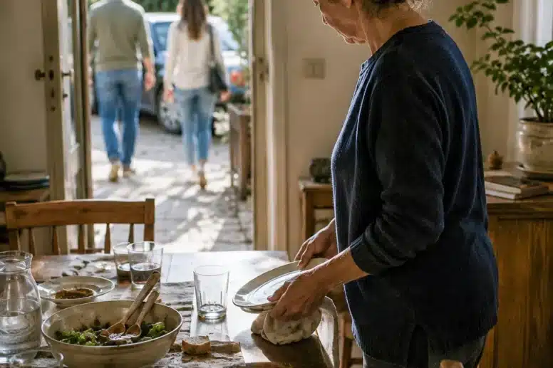 Γονέας μαζεύει το τραπέζι καθώς τα ενήλικα παιδιά φεύγουν μετά από οικογενειακό γεύμα.