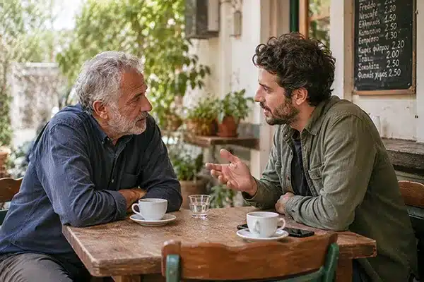 Πατέρας και ενήλικος γιος συζητούν ήρεμα σε καφέ, εκφράζοντας τη μετάβαση της σχέσης από τη γονεϊκή καθοδήγηση στον ισότιμο διάλογο.