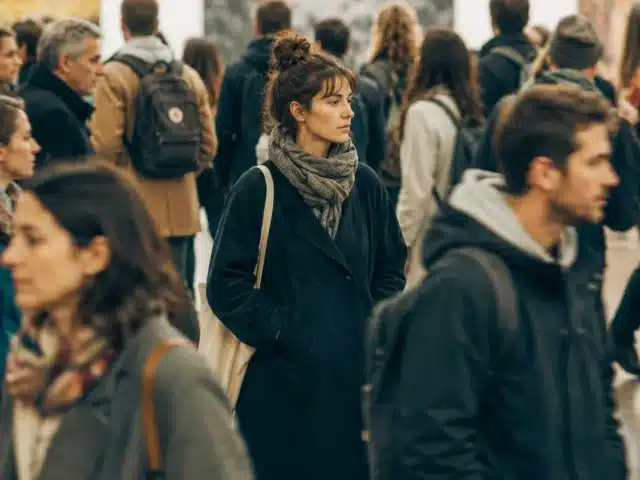Γυναίκα στέκεται ανάμεσα σε πλήθος ανθρώπων, αποτυπώνοντας την αίσθηση της συναισθηματικής αορατότητας και τον φόβο να φανεί.