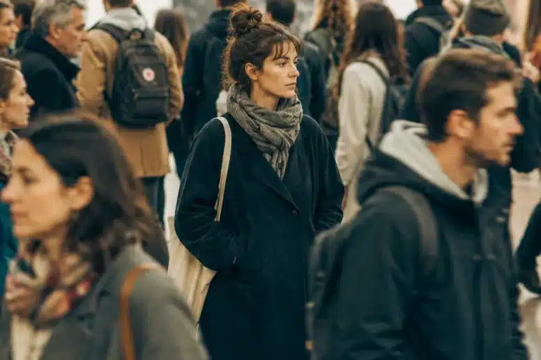 Γυναίκα στέκεται ανάμεσα σε πλήθος ανθρώπων, αποτυπώνοντας την αίσθηση της συναισθηματικής αορατότητας και τον φόβο να φανεί.