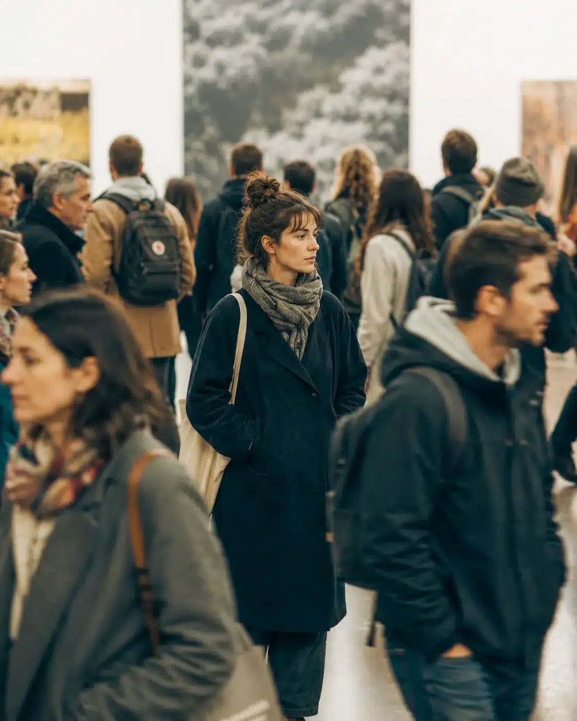 Γυναίκα στέκεται ανάμεσα σε πλήθος ανθρώπων, αποτυπώνοντας την αίσθηση της συναισθηματικής αορατότητας και τον φόβο να φανεί.