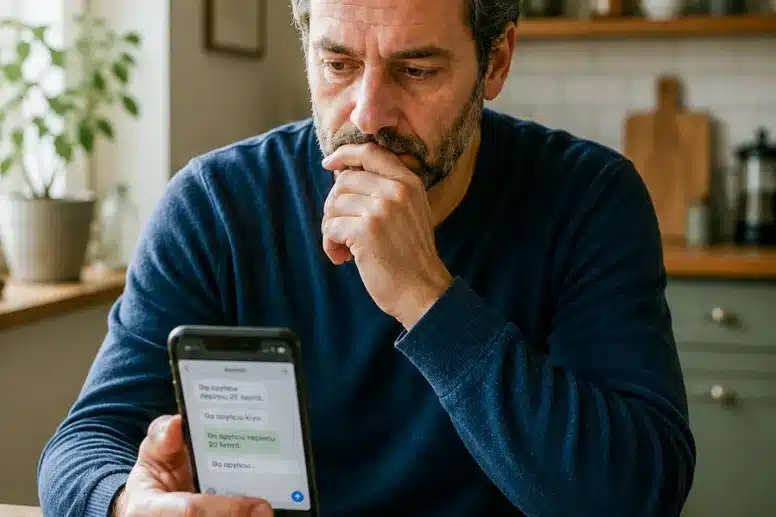 Άνδρας κοιτάζει σκεπτικός το κινητό του πριν στείλει μήνυμα στη σύντροφό του, αποτυπώνοντας την ψυχολογική πίεση μιας σχέσης με γυναίκα με ναρκισσιστική διαταραχή.