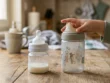 Ένα μικρό παιδικό χέρι ακουμπά ένα παλιό μπιμπερό δίπλα σε ένα καινούριο μπιμπερό μωρού