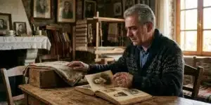 Ηλικιωμένος άνδρας σε παραδοσιακό σπίτι κοιτάζει παλιό φωτογραφικό άλμπουμ, συμβολίζοντας την αναζήτηση της διαγενεακής μεταβίβασης τραύματος στην οικογενειακή ιστορία.