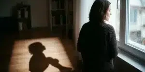 Ενήλικας σε στοχαστική στάση μπροστά σε παράθυρο με βροχή, όπου η σκιά του έχει μορφή παιδιού, συμβολίζοντας τους οικογενειακούς ρόλους
