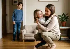 Γονέας αγκαλιάζει το ευνοούμενο παιδί ενώ το αδικημένο αδελφάκι παρακολουθεί από μακριά σιωπηλό