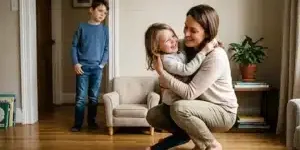 Γονέας αγκαλιάζει το ευνοούμενο παιδί ενώ το αδικημένο αδελφάκι παρακολουθεί από μακριά σιωπηλό